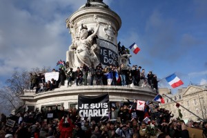 People are protesting in Paris after the Charlie Hebdo terrorist attack.