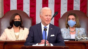 President Joe Biden of the United Speech gives his first speech to the US Congress, with Vice President Kamala Harris (left) and Speaker of the United States House of Representatives, Nancy Pelosi (right)